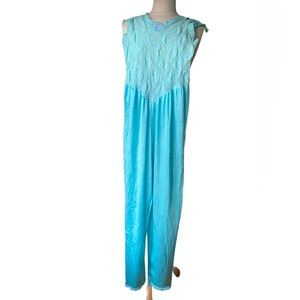 Vintage 80s Lady Cameo Dallas Blue Nylon Golden Lace Jumpsuit Lingere